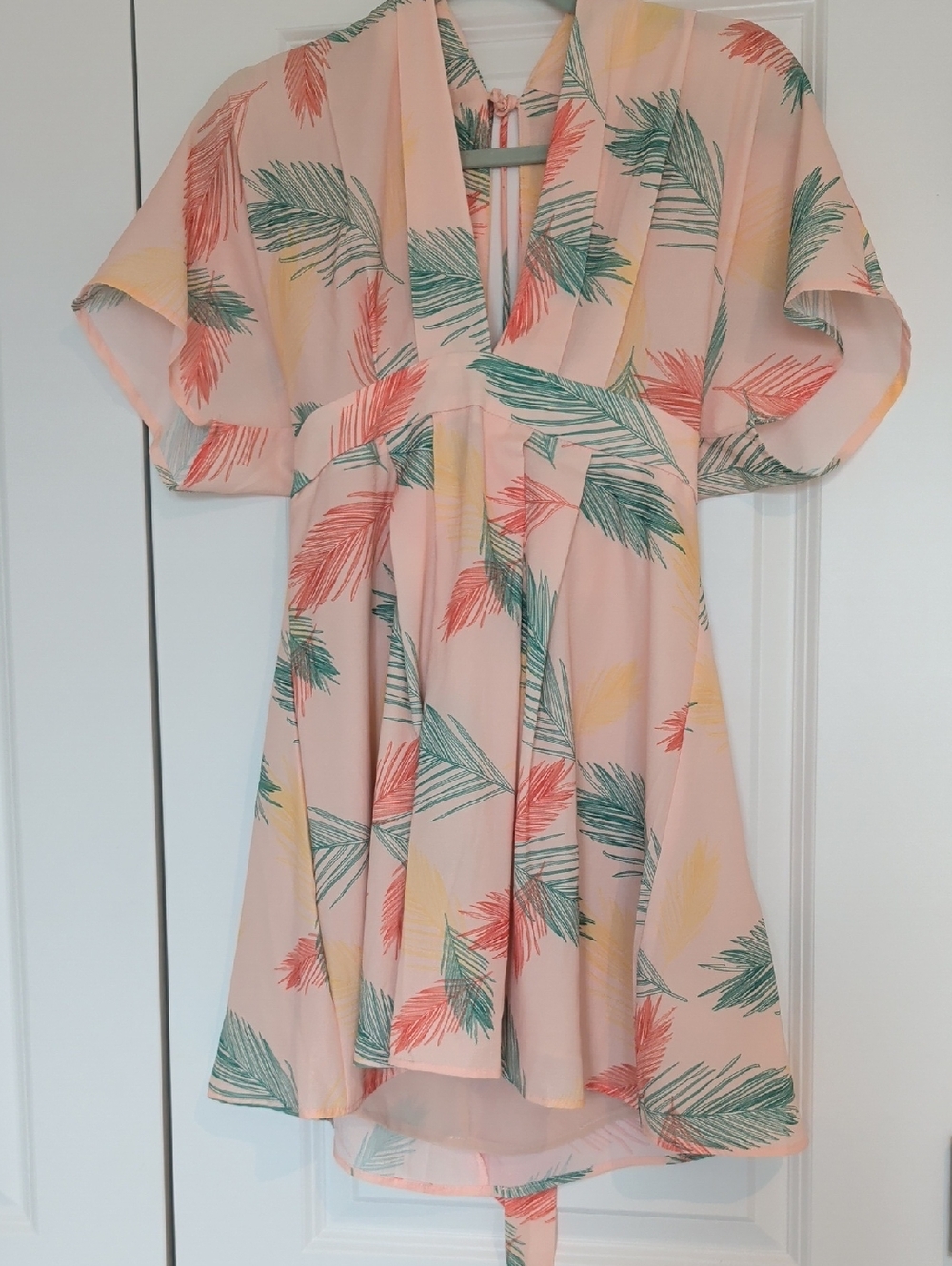 Peach Palm-Print V-Neck Mini Dress